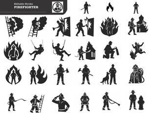 Fire service and firefighter line icon set. Fire extinguisher, siren, fire extinguishing, fire truck, fire escape and crane, hose, hydrant and more. Outline icon in linear style. Vector collection
