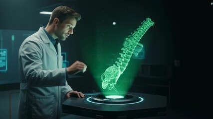Male doctor interacts with a holographic human spine model in a futuristic medical research laboratory, scientific animation. - Powered by Adobe