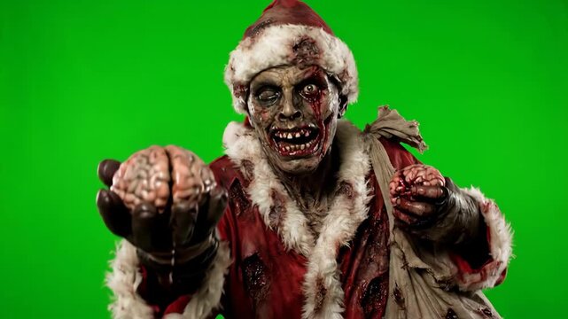 Zombie Santa Delivering Brains on Green Screen - A scary zombie Santa Claus delivers brains instead of presents in front of a green chroma key background.