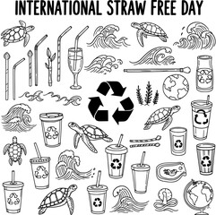 International Straw Free Day doodle set with ocean creatures, recycling symbols, waves, and eco-friendly straw alternatives