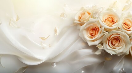 Fototapeta premium Create an Abstract Art Image featuring a White Wedding Bouquet Border with Roses on a Gray Background Banner, in Sunset Orange Tones, Position the Subject Clearly at the Top with Ample Copy Space at