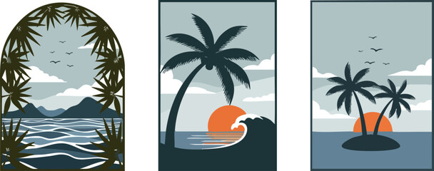 Stylized Tropical Beach Scenes with Palm Trees and Ocean Waves