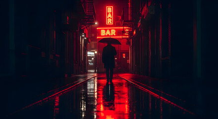 Mysterious figure walking in rainy alley near neon bar sign urban night scene atmospheric perspective