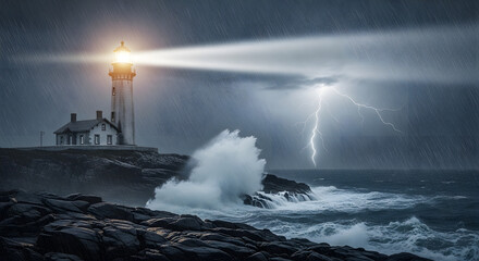 Stormy lighthouse at night captivating seascape with lightning and waves coastal environment dramatic viewpoint