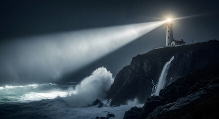 Dramatic lighthouse beaming light coastal cliffs landscape photography stormy sea night view nature's power