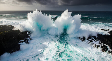Powerful ocean waves crash against rocky shoreline coastal environment aerial view nature's fury
