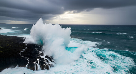 Majestic ocean waves crash on rocky shoreline dramatic seascape photography coastal environment aerial view