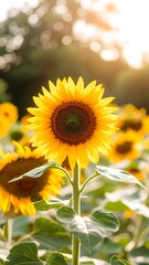 Obraz premium Sunflowers in a field at sunset