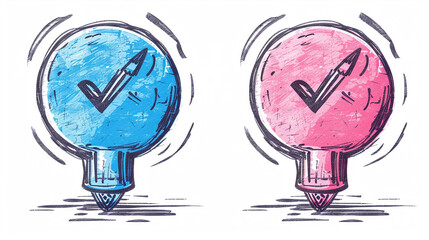 Two hand-drawn lightbulb icons with checkmarks, one blue and one pink, representing approval or success.