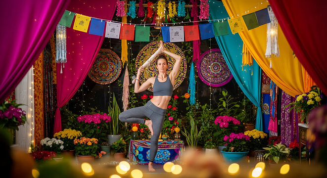A woman in athletic wear performs a tree yoga pose in front of colorful fabrics and decorations, surrounded by plants and soft lighting. - Powered by Adobe