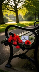 Red poppies on park bench remembrance
