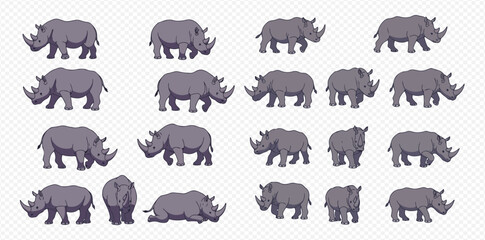 A collection of cartoon rhinoceros illustrations depicting adult and baby rhinos in various poses like walking, standing, and resting.