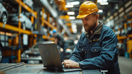Focused worker in a car parts warehouse using a laptop.