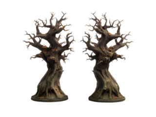 Pair of twisted ancient trees sculptures isolated black background, Isolated On White Background, Png Transparent