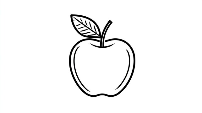 Simple line drawing of a red apple with a leaf, featuring a clean, minimalist style and solid black outline against a white background