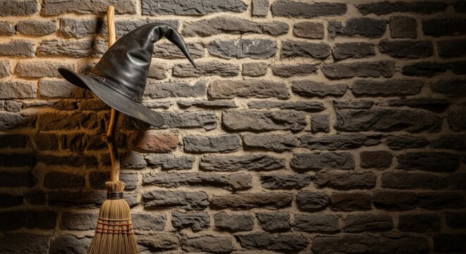 Spooky witch hat and broom resting against rustic stone wall for Halloween magic - Powered by Adobe