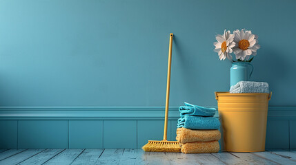 Home cleaning supplies, towels, broom, and flowers on a teal colored wall.