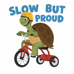 Cartoon Cute Turtle Riding Tricycle With Slogan Illustration Graphics Design