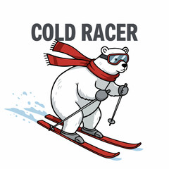 Cartoon Detailed Polar Bear Skiing Downhill Illustration on White Background © Grafina