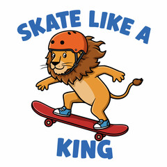 Cute Cartoon Lion Riding Skateboard Wearing Helmet Sport Activity Illustration