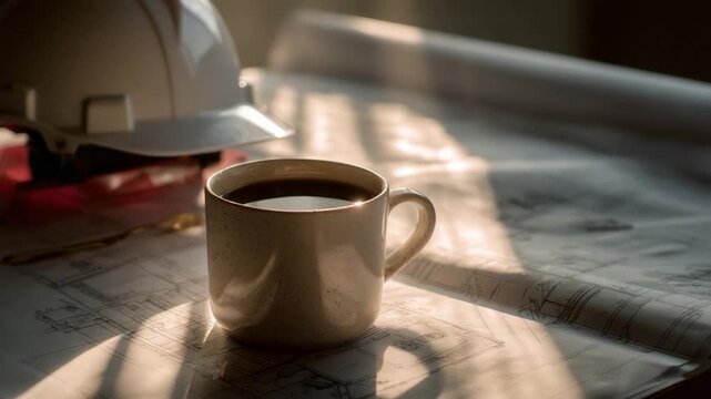 Coffee Break at the Construction Site: Close-up shot of a coffee cup set atop construction blueprints, next to a hard hat. The scene is bathed in the soft light of the morning.