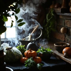 Rustic kitchen scene with autumn vegetables and steaming pot, evoking witchcraft and Halloween
