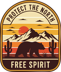 Vintage-style 'Protect the North' patch featuring a bear silhouette, mountains, and cacti against a striped sunset.