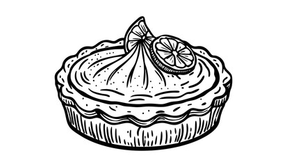 Lemon tart topped with whipped cream, black and white illustration