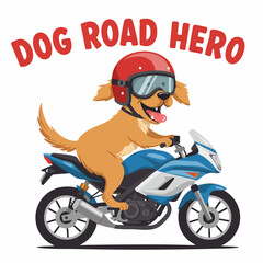 Cartoon Smiling Dog Riding Blue Motorcycle with Red Helmet Illustration
