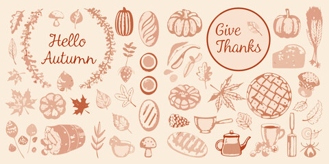 Hello autumn give thanks hand drawn illustration with pumpkins leaves and food elements