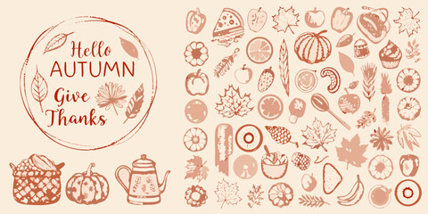Hello autumn give thanks text in a circle surrounded by a collection of seasonal illustrations and food items