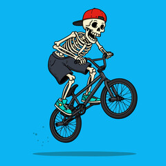 Cartoonish Flat Style Detailed Skeleton Riding Bicycle BMX Sports Illustration