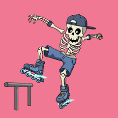 Cartoon Funny Skeleton Roller Skating with Cap and Casual Outfit Illustration