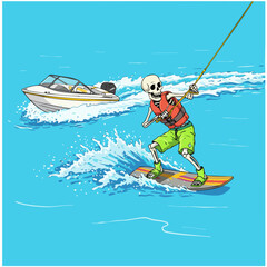 Cartoon Colorful Skeleton Wakeboarding Behind a Speedboat on the Water