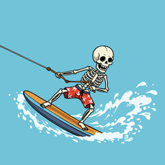 Cartoon Skull Water Sport Illustration of Skeleton Waterskiing in the Summer Sea
