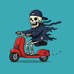 Cartoon Illustration of Skeleton Character Riding Scooter with Cap and Clothes