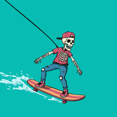 Cartoon Line Art Skeleton Watersport Activity Wakeboard Sport Character Illustration