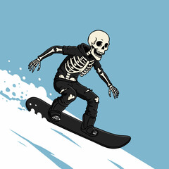 Cartoon Skull Skeleton Snowboarding Downhill Extreme Winter Sport Illustration