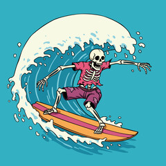Retro Cartoon Skeleton Surfer Catching a Wave Illustration for Summer Activities