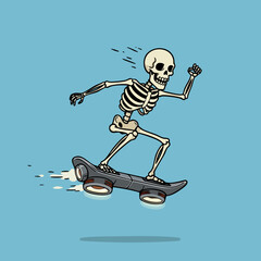 Hand Drawn Cartoon Skeleton Riding a Skateboard Extreme Sport Illustration