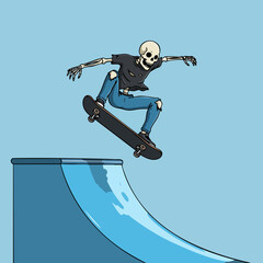 Illustrated Cartoon Skeleton Doing Trick On Skateboard Ramp Sport