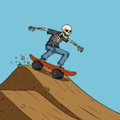 Cartoon Illustration of Skeleton Ride Skateboard Over Dirt Ramp Jump Activity