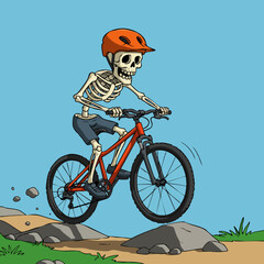 Cartoonish Handdrawn Skeleton Riding Mountain Bike on Nature Landscape