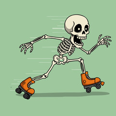 Cartoon Handdrawn Skeleton On Roller Skate Halloween Character Illustration
