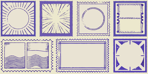 Collection of hand drawn postage stamp frames with perforated edges and blank centers