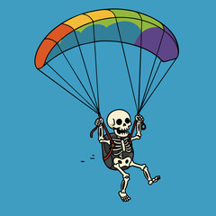Cartoonish Handdrawn Skeleton Skydiving with Colorful Parachute Illustration