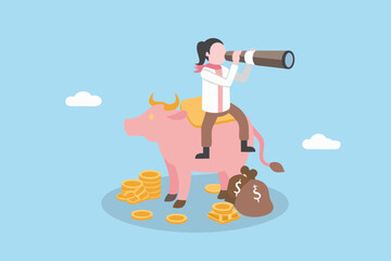 Person riding a pink bull with a telescope looking for future financial opportunities surrounded by money