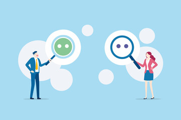 Business people examining data points with magnifying glasses and abstract circles on a light blue background