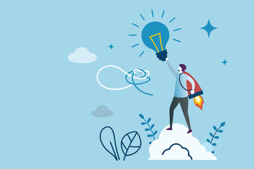 Man with jetpack holding a glowing lightbulb above his head representing innovation and success