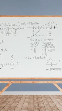 Mathematical equations and figures in a whiteboard